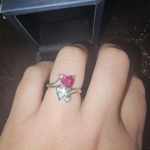 10K White Gold Heart Shape White Moissanite Created Ruby and Diamond Accent Ring